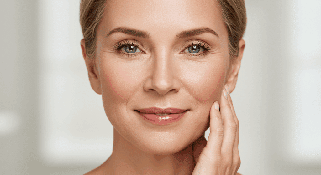 A close-up portrait of a woman with smooth, youthful skin, touching her face with her right hand, set against a plain background.