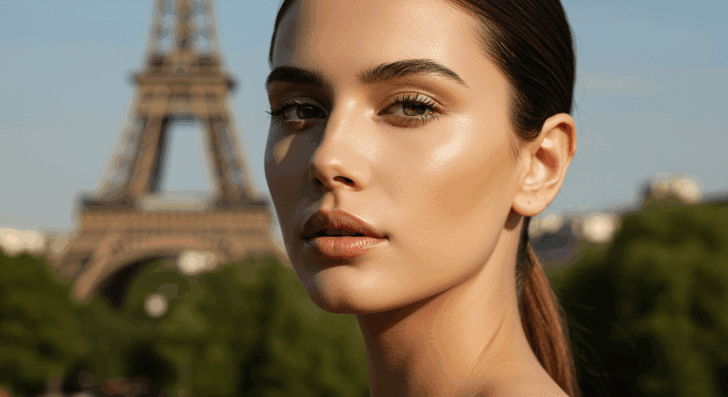 A young woman posing in front of the Eiffel Tower in Paris, France.