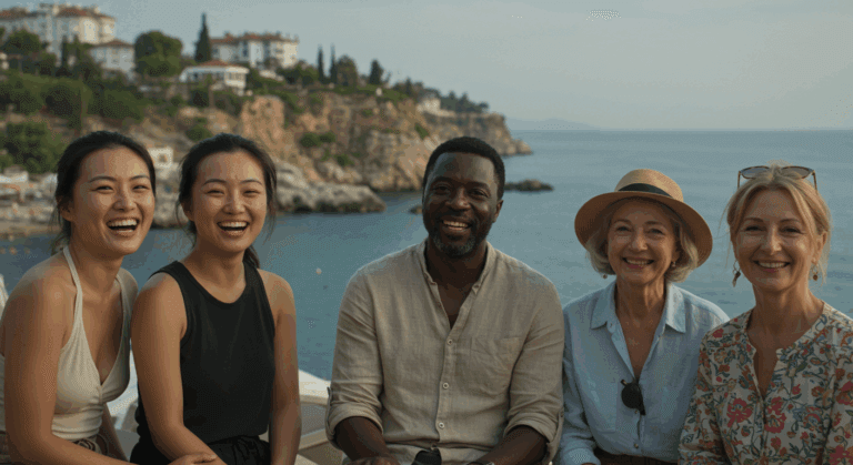A group of five people smiling and posing together on a boat near the coast, with a scenic view of the ocean and cliffs in the background.