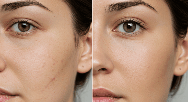 Before and after comparison of a woman's face, highlighting the changes in skin texture and appearance after a cosmetic procedure.