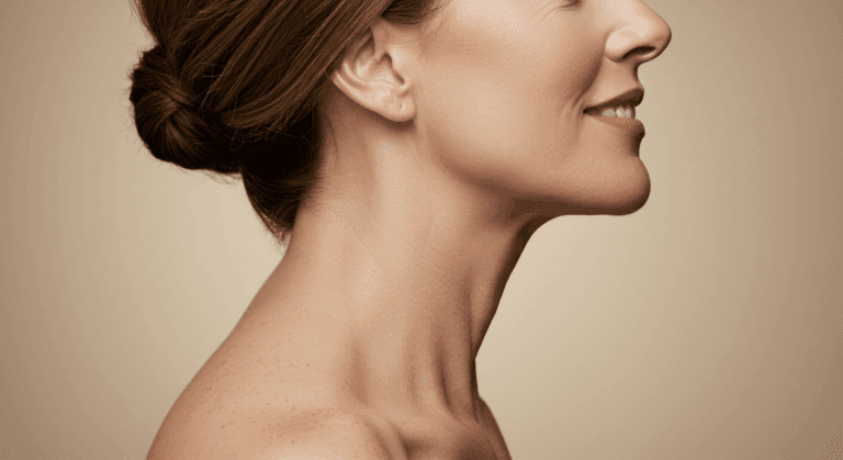 A smiling woman with her hair tied back, shown from the side, highlighting her neck and shoulder.
