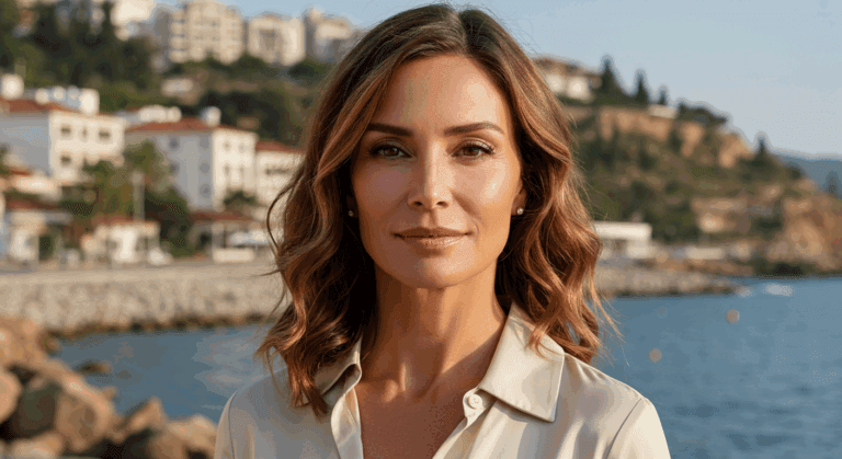 A woman with brown hair poses in front of a coastal town with buildings and hills in the background.