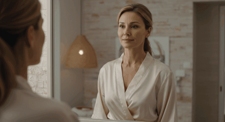 A woman in a white robe looks at herself in the mirror, reflecting on her appearance in a serene and well-lit room.