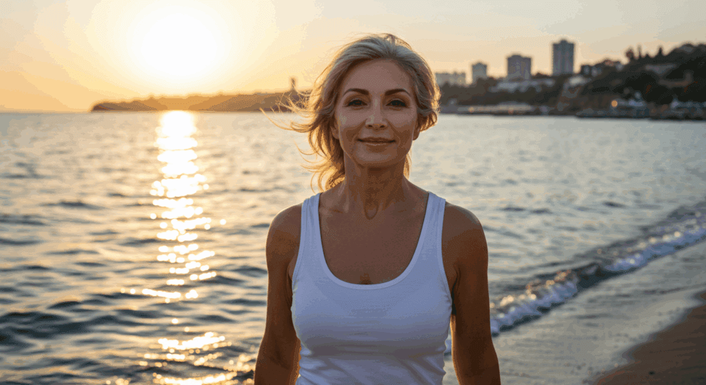 A woman with blonde hair stands on a beach at sunset, wearing a white tank top. The ocean and city skyline are visible in the background.