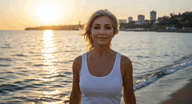 A woman with blonde hair stands on a beach at sunset, wearing a white tank top. The ocean and city skyline are visible in the background.