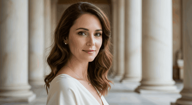 A woman with long brown hair is smiling while standing in front of classical columns.
