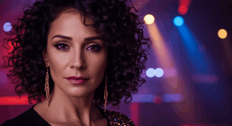 A woman with curly hair and red lipstick poses confidently against a colorful, blurred background. She is wearing large earrings and a black top with a patterned design.