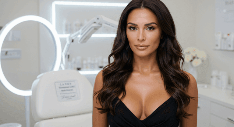 A woman with long, dark hair poses confidently in a black dress in a clinical setting with aesthetic equipment visible in the background.