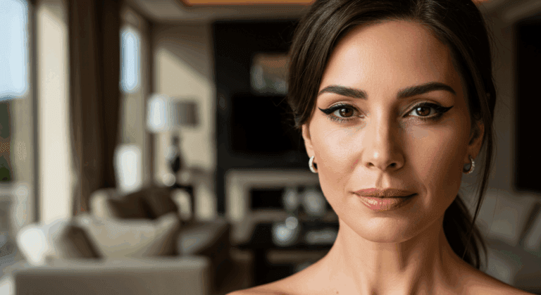 A woman with short brown hair and eyeliner poses indoors, with a living room and large windows in the background.