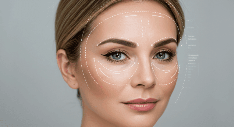 A close-up image of a woman's face with cosmetic surgery markings, highlighting areas such as the forehead, cheeks, and around the eyes.