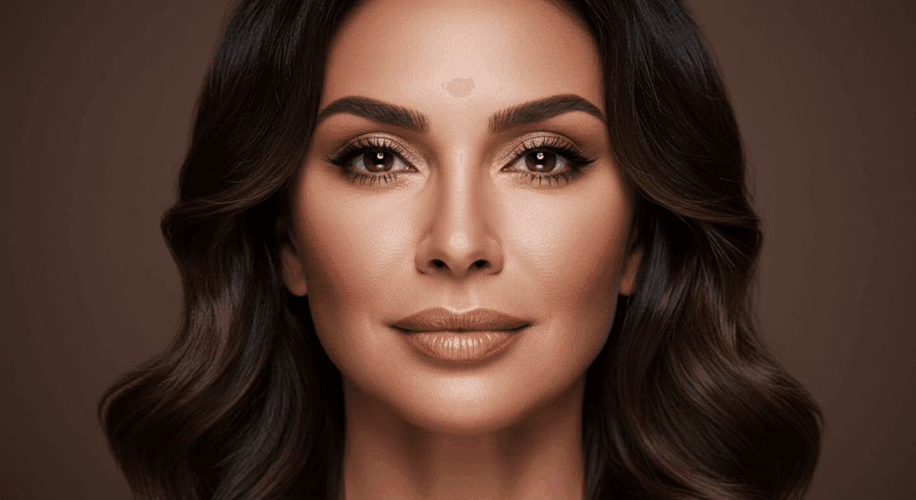 A close-up portrait of a woman with dark hair and makeup, posing against a brown background.