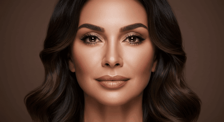 A close-up portrait of a woman with dark hair and makeup, posing against a brown background.