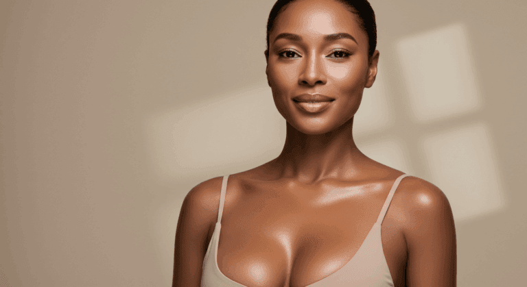 A portrait of a confident woman with smooth skin and a warm smile, wearing a light-colored tank top, standing against a neutral background with soft lighting.