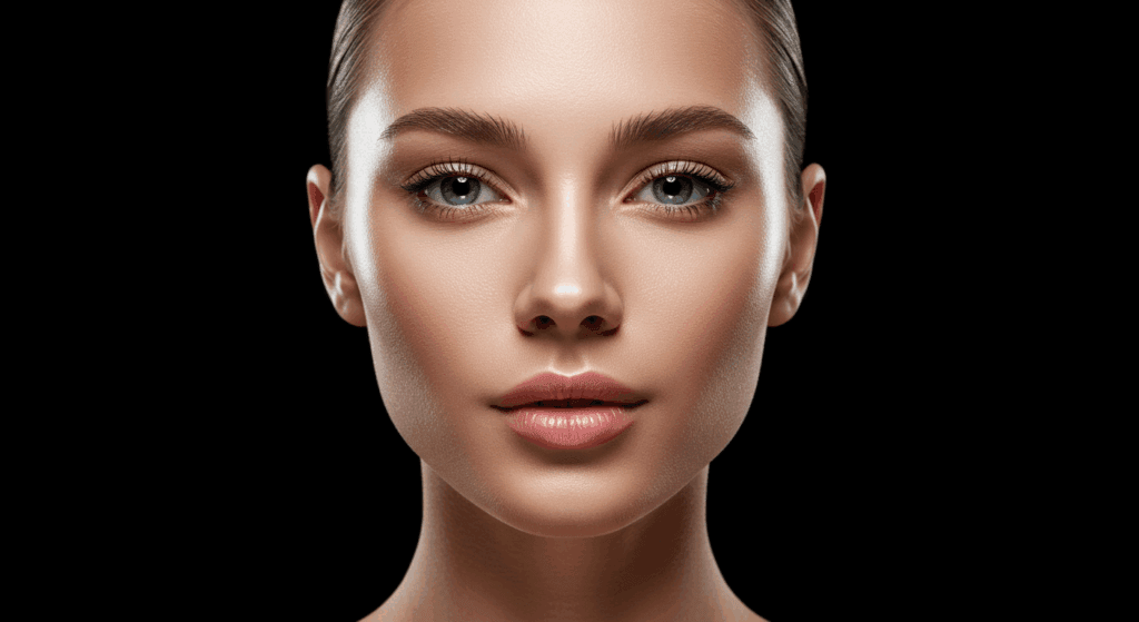 A close-up portrait of a woman with striking features, including prominent cheekbones, full lips, and captivating eyes, set against a black background.