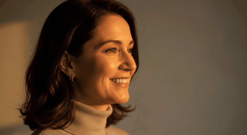 A smiling woman with shoulder-length dark hair wearing a turtleneck sweater, shown in a profile view.