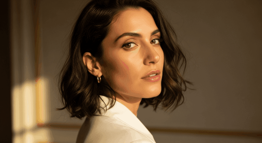 A woman with short, dark hair is shown in profile, wearing a light-colored top. The lighting highlights her facial features, creating a dramatic effect.