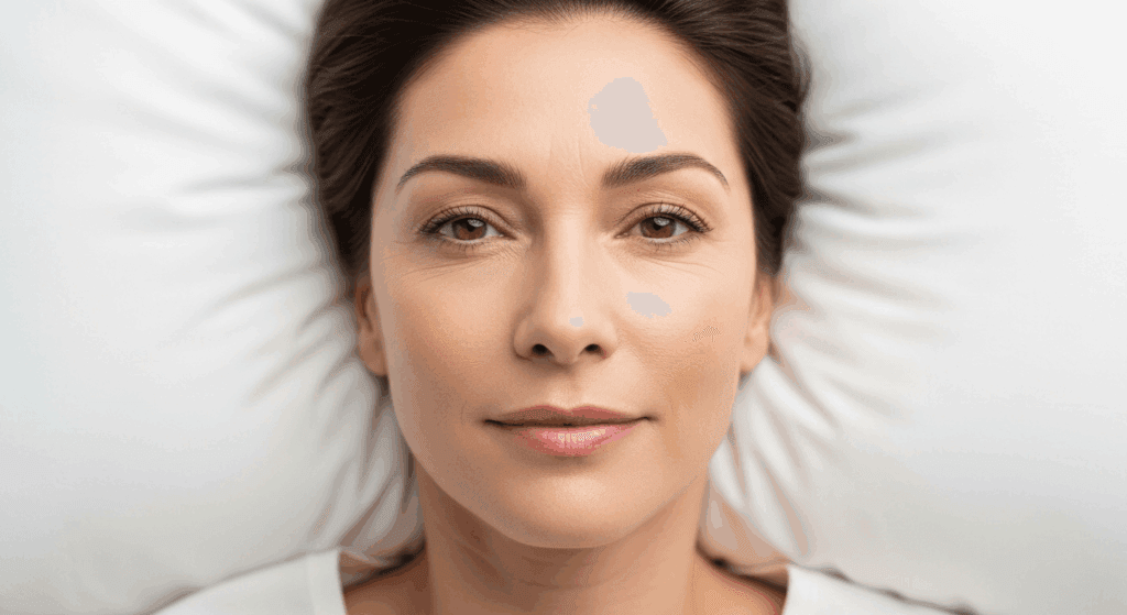A close-up portrait of a woman with a serious expression, looking directly at the camera. The background is blurred with white, radial patterns.