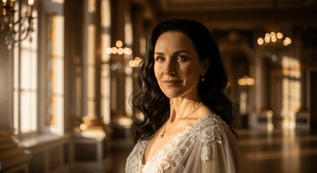 A woman with dark hair wearing a white lace dress stands in a room with large windows and chandeliers.