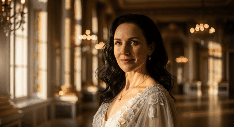 A woman with dark hair wearing a white lace dress stands in a room with large windows and chandeliers.
