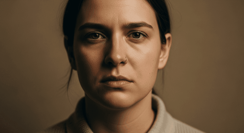 A close-up portrait of a young woman with a serious expression, wearing a light-colored turtleneck sweater against a plain brown background.