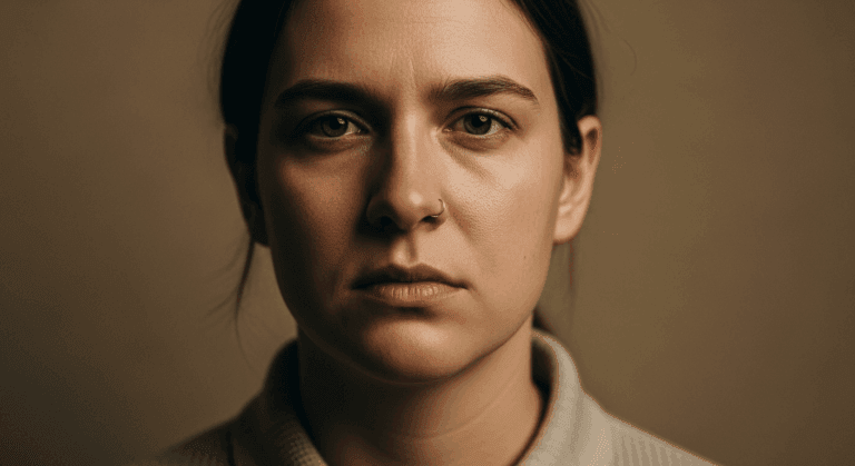 A close-up portrait of a young woman with a serious expression, wearing a light-colored turtleneck sweater against a plain brown background.