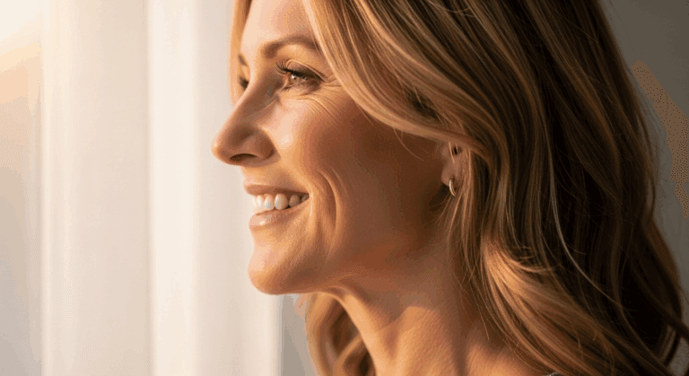 A smiling woman with blonde hair looking out of a window, conveying a sense of happiness and contemplation.