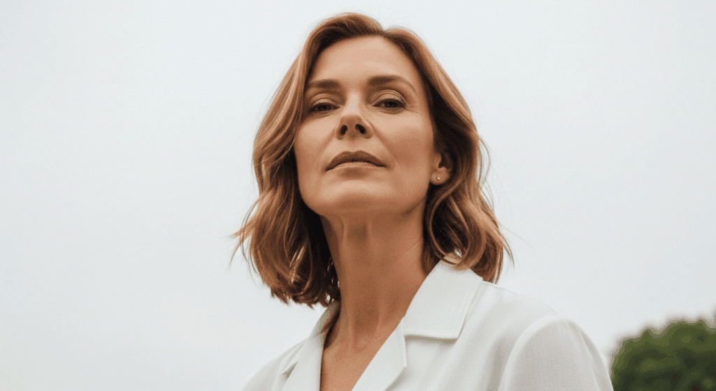 A confident woman with short brown hair wearing a white blouse, posing outdoors against a clear sky background.