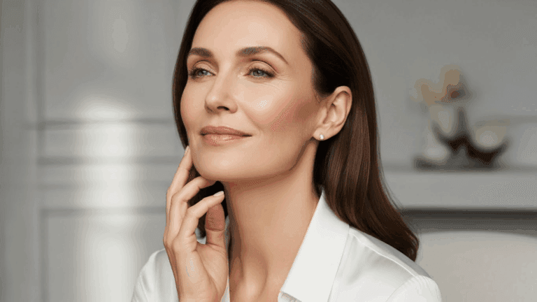 A woman with brown hair wearing a white blouse, posing thoughtfully with her hand on her chin.