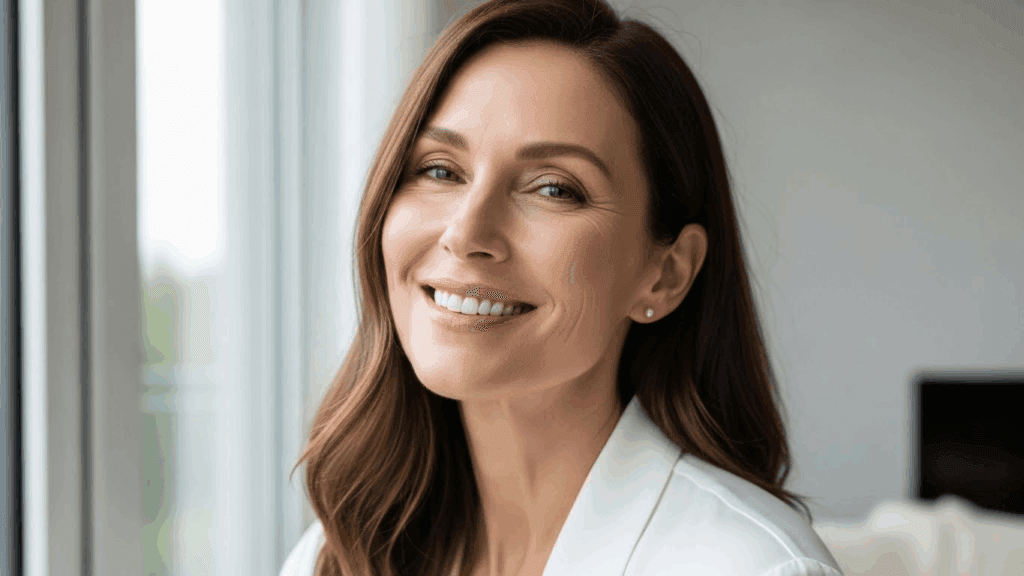 A smiling woman with brown hair, wearing a white lab coat, stands in a well-lit room near a window.