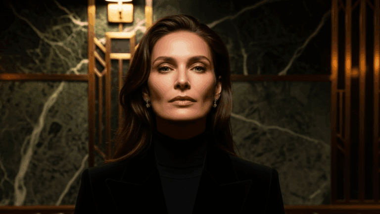 A woman with long brown hair is posing in a dark room with green marble walls and wooden panels. She is wearing a black turtleneck and diamond earrings, looking directly at the camera with a confident expression.