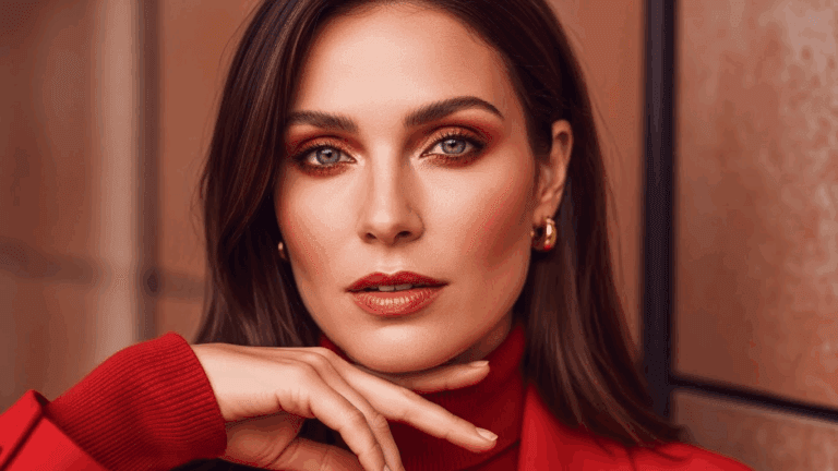 A woman with striking green eyes and dark hair poses confidently against a warm, earth-toned background. She is wearing a vibrant red turtleneck and gold hoop earrings, exuding an air of elegance and sophistication.