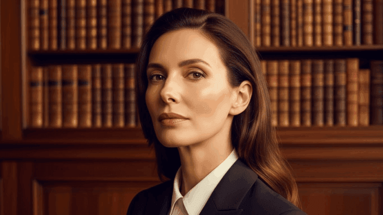 A professional woman with long brown hair, dressed in a suit, stands confidently in front of a bookshelf filled with books.