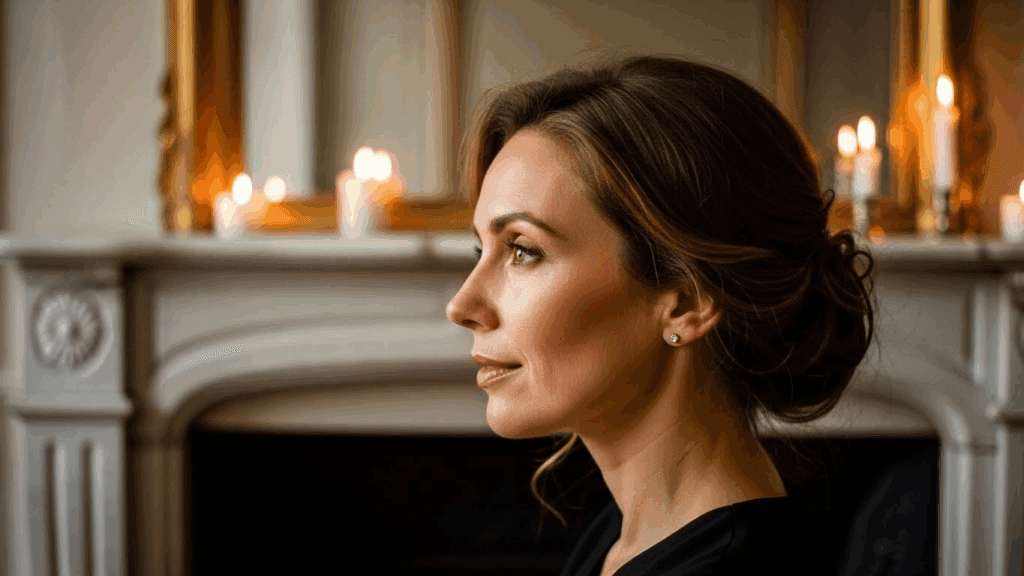 A woman with her hair tied back sits in a room with candles and a fireplace. She is wearing a black top and looking to the side with a calm expression.