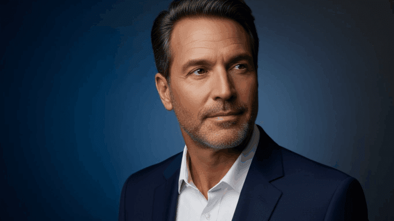 A middle-aged man with dark hair and a beard, wearing a navy blue suit and a white shirt, poses confidently against a dark blue background.