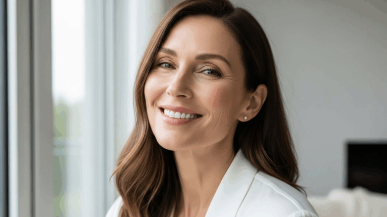 A smiling woman with brown hair, wearing a white lab coat, stands in a well-lit room near a window.