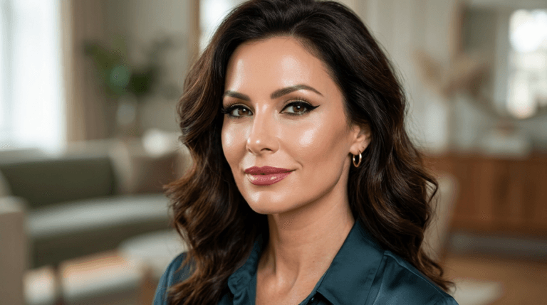 A portrait of a woman with long wavy brown hair and elegant makeup, wearing a dark green blouse, set in a softly blurred interior background.