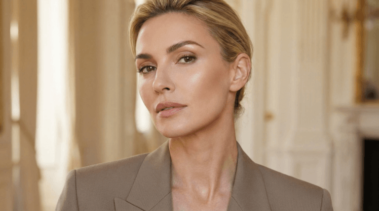 A portrait of a woman with blonde hair and a professional look, showcasing smooth and glowing skin.