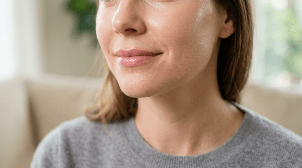 A close-up view of a woman with smooth, hydrated skin, showcasing natural lip texture and a healthy complexion.