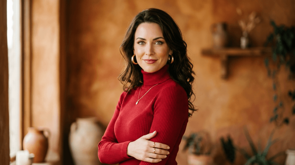 A portrait of a woman with long wavy brown hair, wearing a red turtleneck sweater and gold hoop earrings, standing in a warm, rustic room.