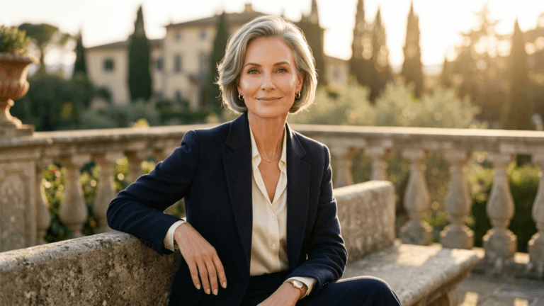 A hyper-realistic, 8K editorial portrait captured with an 85mm prime lens, featuring a sophisticated woman with silver-gray hair in an elegant, composed pose. She wears a tailored navy blue blazer over a soft-toned blouse, exuding professional refinement. The lighting is characterized by a warm, golden hour glow, providing soft-light illumination that gracefully highlights her facial features and natural skin texture, emphasizing a radiant, lifelike complexion. The depth of field is shallow, blurring a luxurious, sun-drenched Italian estate background with stone balustrades, creating a serene and timeless atmosphere. Her attire reflects high-quality fabric textures, subtle jewelry, and a polished watch, perfectly complementing the aristocratic yet approachable aesthetic of the scene.