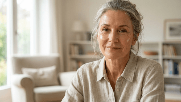 A hyper-realistic, 8k professional portrait of an elegant mature woman, captured with an 85mm portrait lens to achieve a shallow depth of field. The subject, a woman with silver-grey hair styled in a soft, loose updo, exudes a serene and sophisticated demeanor. Her expression is calm, with a gentle, authentic smile. The lighting is soft and diffused, characteristic of natural window light, creating a flattering, luminous glow on her face that subtly highlights her facial features without harsh shadows. Her skin texture is natural and well-hydrated, showing realistic fine lines that speak to a life of wisdom. She is wearing a textured, light beige linen-blend shirt that adds a touch of understated organic elegance. The background is a softly blurred, warm-toned interior—a bright living space with a hint of a bookshelf and comfortable furniture—maintaining a clean, minimalist, and peaceful atmosphere. The overall composition is balanced, focusing on the subject's poised, confident, and graceful presence.