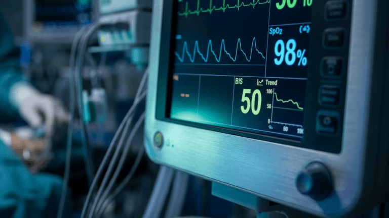 A close-up, hyperrealistic image of a medical monitor in a clinical setting, displaying vital signs such as heart rate (50 BPM) and oxygen saturation (SpO2 98%). The monitor is connected to a patient via cables, with a healthcare professional in the background wearing surgical gloves and adjusting medical equipment. The scene is characterized by a dramatic lighting setup, emphasizing the technical and sterile atmosphere of a hospital environment.