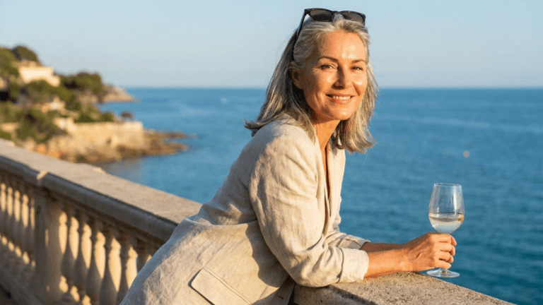 A hyper-realistic, 8k editorial portrait captured with an 85mm prime lens, showcasing a poised, middle-aged woman with elegant silver hair posing on a sun-drenched coastal terrace. The lighting is quintessential golden hour, utilizing soft, warm directional light that enhances her radiant complexion, natural skin texture, and subtle luminescence. She is captured in a relaxed yet refined profile, leaning against a classic stone balustrade, holding a glass of white wine. Her attire consists of a tailored, textured beige linen blazer that exudes a sophisticated, effortless luxury aesthetic. The composition features a shallow depth of field, with the focus sharply on her serene facial expression, while the expansive, crystalline blue sea creates a serene, high-end Mediterranean backdrop. The overall mood is one of timeless grace, leisure, and understated opulence.