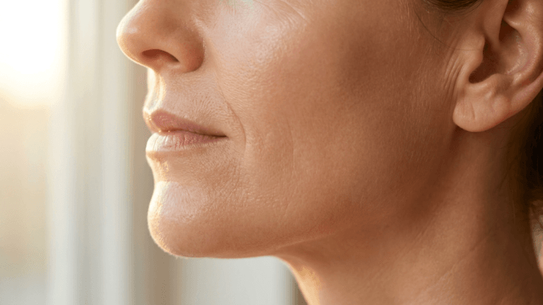 A hyper-realistic, 8k macro close-up profile portrait captured with an 85mm lens, focusing on the refined contours of a woman's lower face and jawline. The lighting is characterized by a soft, warm, side-lit aesthetic that creates a gentle glow while accentuating the natural texture of the skin. Every detail, from the subtle, authentic skin pores and fine lines to the soft luminescence of the complexion, is rendered with meticulous clarity. The composition emphasizes a serene, elegant expression, with a shallow depth of field that keeps the focus sharp on the facial anatomy against a minimalist, light-filled, out-of-focus background. The overall atmosphere is sophisticated, emphasizing timeless beauty and a natural, polished aesthetic.