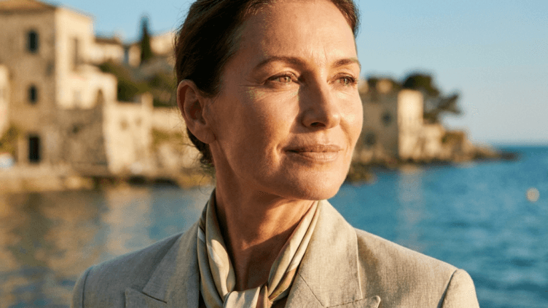 A hyper-realistic, 8k editorial portrait captured with an 85mm prime lens, creating a shallow depth of field that emphasizes the subject against a softly blurred Mediterranean coastal backdrop. The lighting is characterized by the golden hour's warm, soft-directional glow, which gracefully illuminates the mature woman's face, highlighting the fine textures of her skin and a natural, radiant luminescence. She exudes a sophisticated, serene elegance, wearing a tailored light-beige linen blazer paired with a muted-tone silk scarf. The composition reflects a luxurious, tranquil atmosphere, with the golden sunlight casting delicate shadows that define her facial features, showcasing a timeless, poised beauty in an outdoor, high-end lifestyle setting.