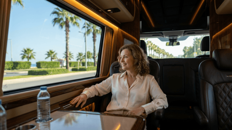 A hyper-realistic, 8K editorial shot captured with a 35mm lens, depicting an elegant woman with soft, wavy hair reclining in the luxurious interior of a high-end chauffeured vehicle. The composition employs natural side-lighting, streaming through the panoramic window to softly illuminate her face and the crisp texture of her light-colored, silk-blend blouse, highlighting a poised and serene expression. The interior features rich, polished wood trim and premium quilted leather seating, creating an atmosphere of sophisticated travel. The depth of field is masterfully controlled, maintaining sharp focus on the subject while the sun-drenched, palm-lined coastal road outside provides a blurred, cinematic backdrop. The overall aesthetic is one of quiet luxury, characterized by soft luminescence on the skin and clean, structured lines.