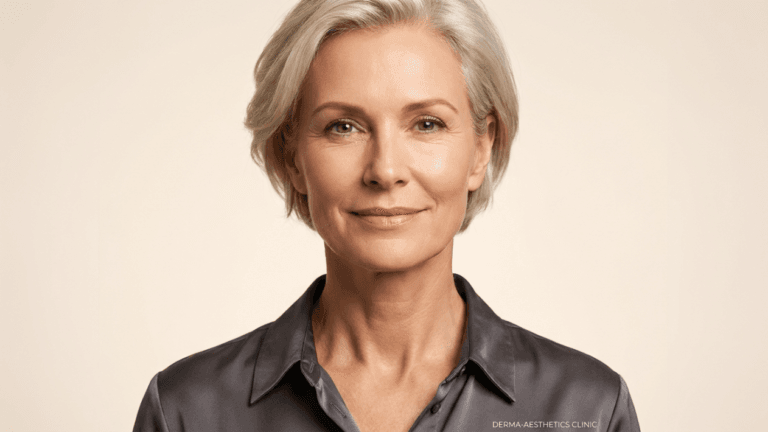 A professional editorial-style portrait of a sophisticated middle-aged woman with silver-blonde hair, captured in 8K hyper-realistic resolution. The image utilizes an 85mm lens for flattering compression, focusing sharply on the subject’s composed and confident expression. Soft, studio-quality diffused lighting creates a gentle luminescence, highlighting the natural, healthy texture of her skin and elegant facial structure. She is wearing a high-quality, dark charcoal silk-blend button-down shirt that adds a touch of understated luxury. The composition is a clean, centered head-and-shoulders shot against a neutral, minimalist warm-toned background, projecting an aura of refined, professional, and timeless grace, branded with 'DERMA-AESTHETICS CLINIC' in the lower corner.