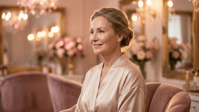 A hyper-realistic, 8k editorial portrait of an elegant mature woman captured with an 85mm prime lens, featuring a shallow depth of field that renders the opulent, warm-toned vanity setting in a soft, dreamy bokeh. The lighting is sophisticated and directional, employing a soft-focus key light from the side to sculpt her refined facial features, highlighting a poised posture and a serene expression. Her complexion is luminous and meticulously rendered, showcasing subtle textures and natural, healthy skin radiance. She is draped in a luxurious, champagne-colored silk robe with a fluid, satin-like drape that catches the ambient warmth. The background, enriched by golden-framed mirrors and clusters of dusty-rose floral arrangements, creates a classic, sophisticated, and tranquil atmosphere, emphasizing grace and timeless beauty.