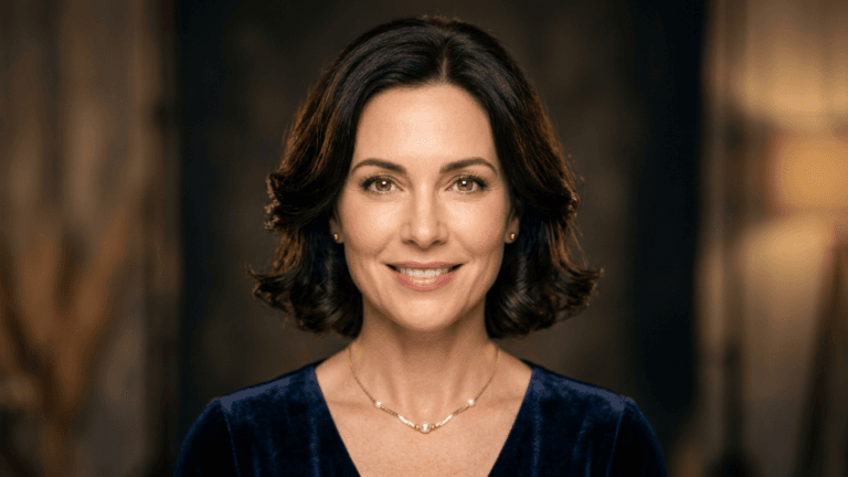 A hyper-realistic, 8k professional studio portrait of a sophisticated woman, captured with an 85mm prime lens for optimal focal length and subtle depth of field. The lighting is masterfully balanced, utilizing a soft-box setup that creates gentle, flattering highlights on the skin while preserving natural texture and a subtle luminescence. The subject, a woman with refined facial features and a warm, composed expression, is centered in the frame. Her complexion exhibits a natural, healthy glow, with meticulous attention to detail in the skin's surface and the reflections within her eyes. She is wearing a dark, navy-blue velvet top that adds a touch of tactile luxury, accessorized with a delicate, minimalist gold chain necklace. The background is a sophisticated, out-of-focus atmospheric wash of deep, moody tones, creating a timeless and elegant cinematic aesthetic.