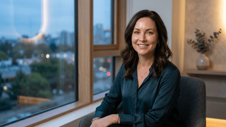 A professional, hyper-realistic 8K portrait of a woman captured with an 85mm prime lens, showcasing a shallow depth of field. She is positioned in a modern, upscale office setting at twilight, with the city lights softly blurred in the background, creating an elegant, calm atmosphere. The lighting is soft and diffused, likely from an off-camera softbox, which gently illuminates her features and highlights the subtle sheen of her dark teal satin blouse. Her posture is poised and approachable, with a warm, genuine smile. Her skin texture is rendered with exquisite detail, appearing smooth and naturally radiant. She wears minimal, sophisticated gold jewelry, including delicate layered necklaces and a bracelet, which catch the light. The overall composition is a balanced, high-end editorial shot that exudes professionalism and approachable luxury.